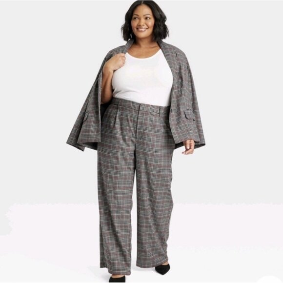 NWT AVA & VIV Gray Plaid High Rise Wide Leg Trousers Pants Size 18 - Picture 8 of 8